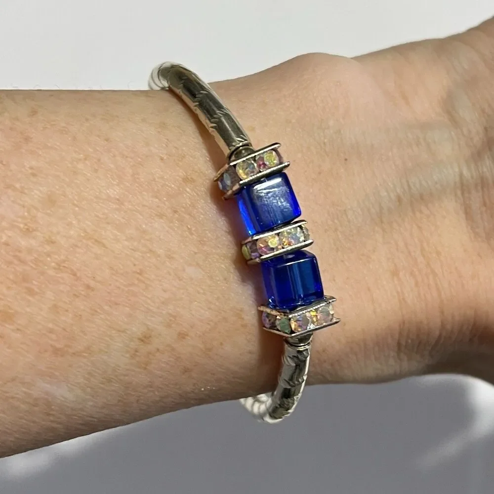 Vintage Bracelet Silver Tone Curved Metal Tube Bead Blue Square Aurora Borealis